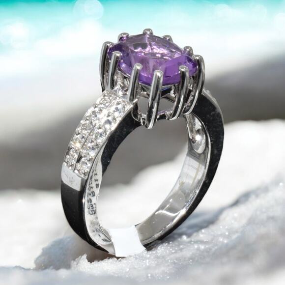 Genuine Amethyst Created Sapphire Ring 925 Sterling Silver US Size 7 - Picture 6 of 6